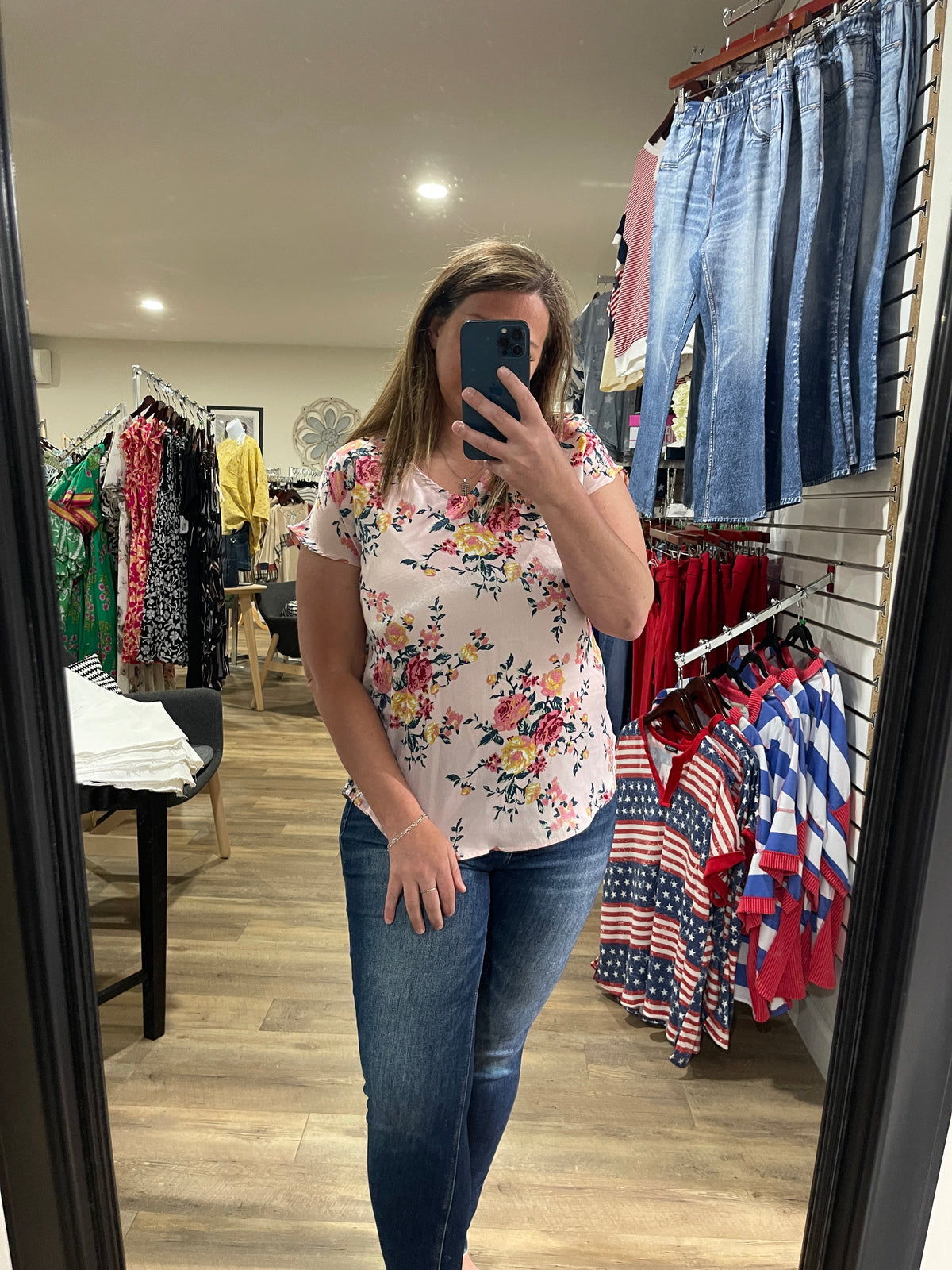 PINK FLORAL V NECK WOVEN TOP