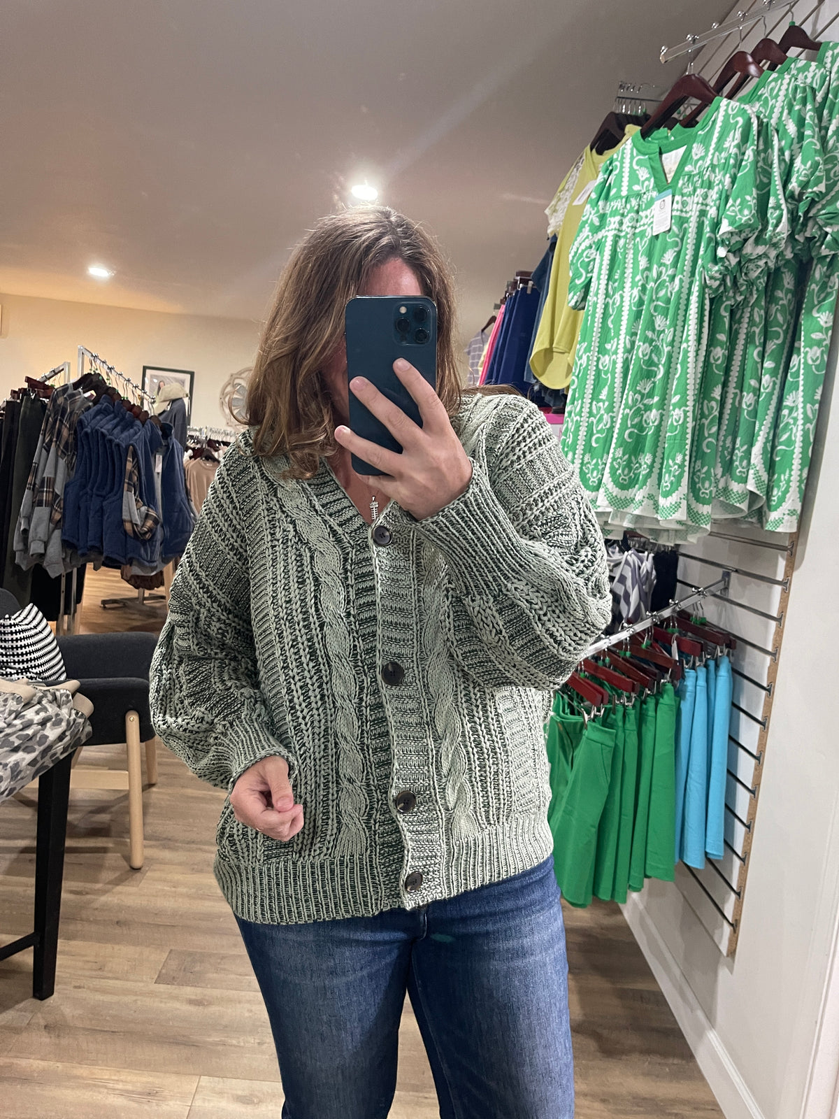 OLIVE CABLE KNIT BUTTON CARDIGAN