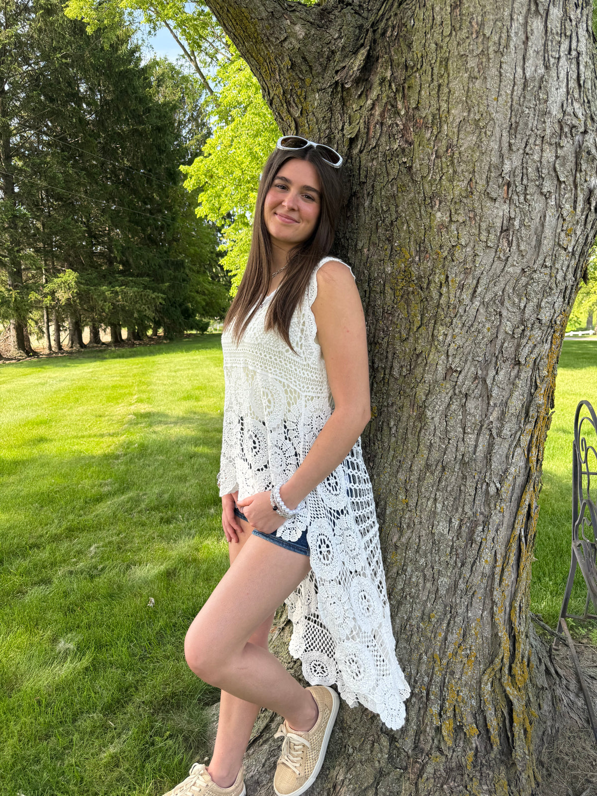 WHITE CROCHET HI LOW SLEEVELESS TUNIC TOP