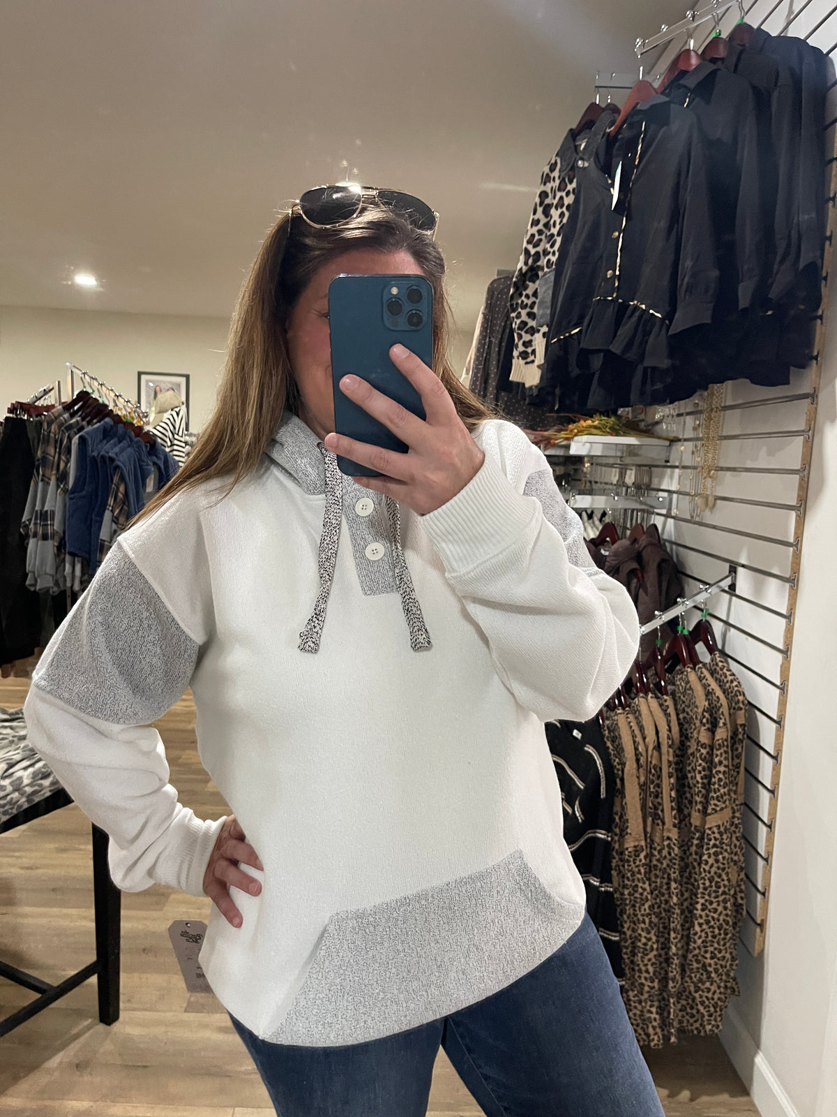 WHITE Nantucket Hooded Pullover With Henley Neck Opening Pullover