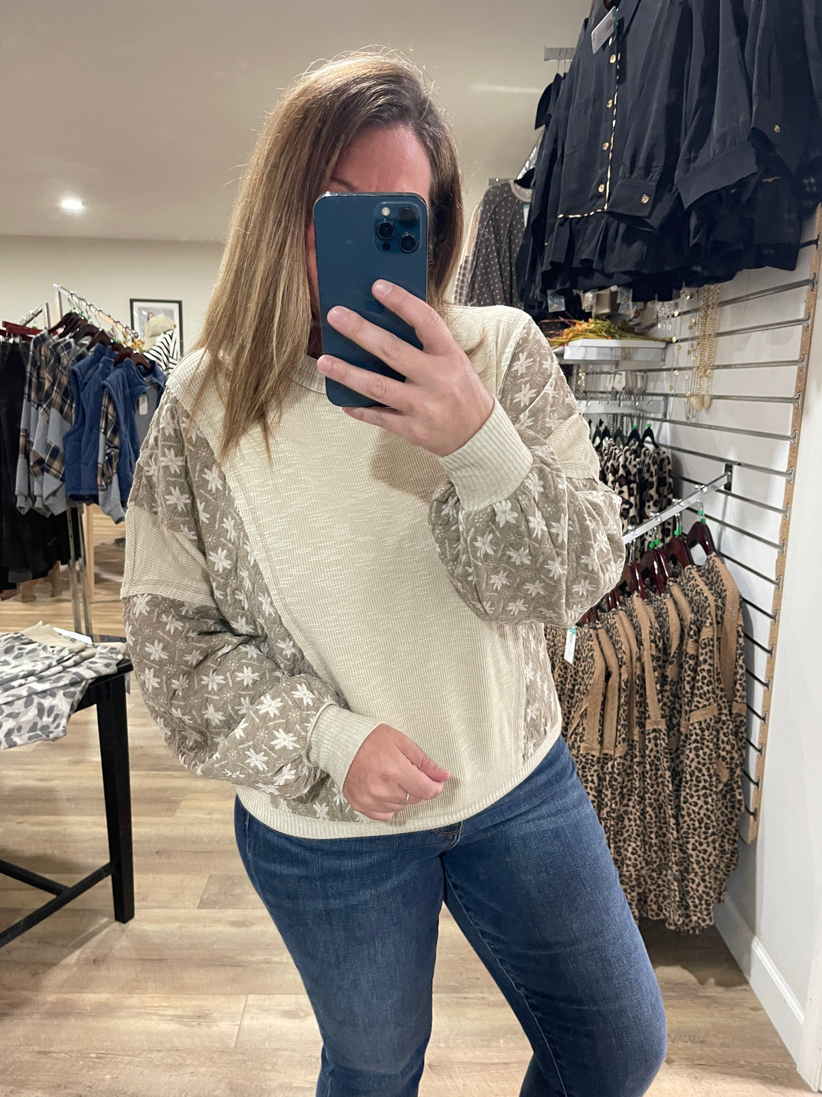 KHAKI FLORAL/RIBBED OVERSIZED FIT TOP