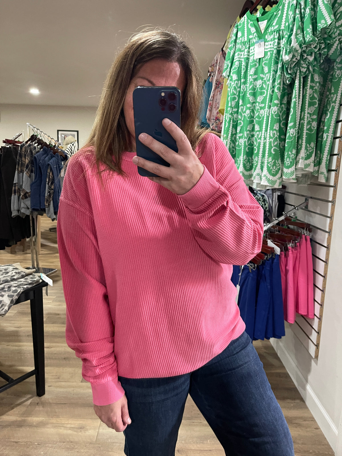 FLAMINGO PINK Heavyweight Corduroy Pullover Crewneck With Thumbholes