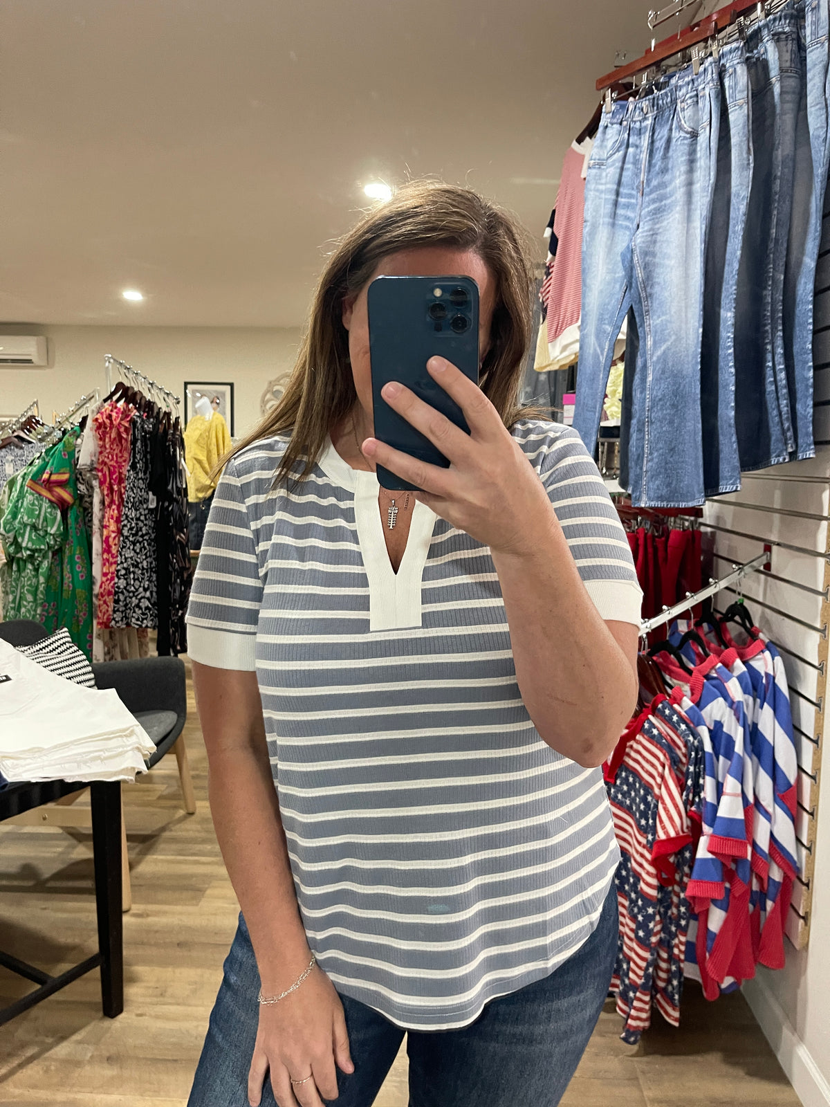 STEEL BLUE STRIPED V NECK KNIT TOP