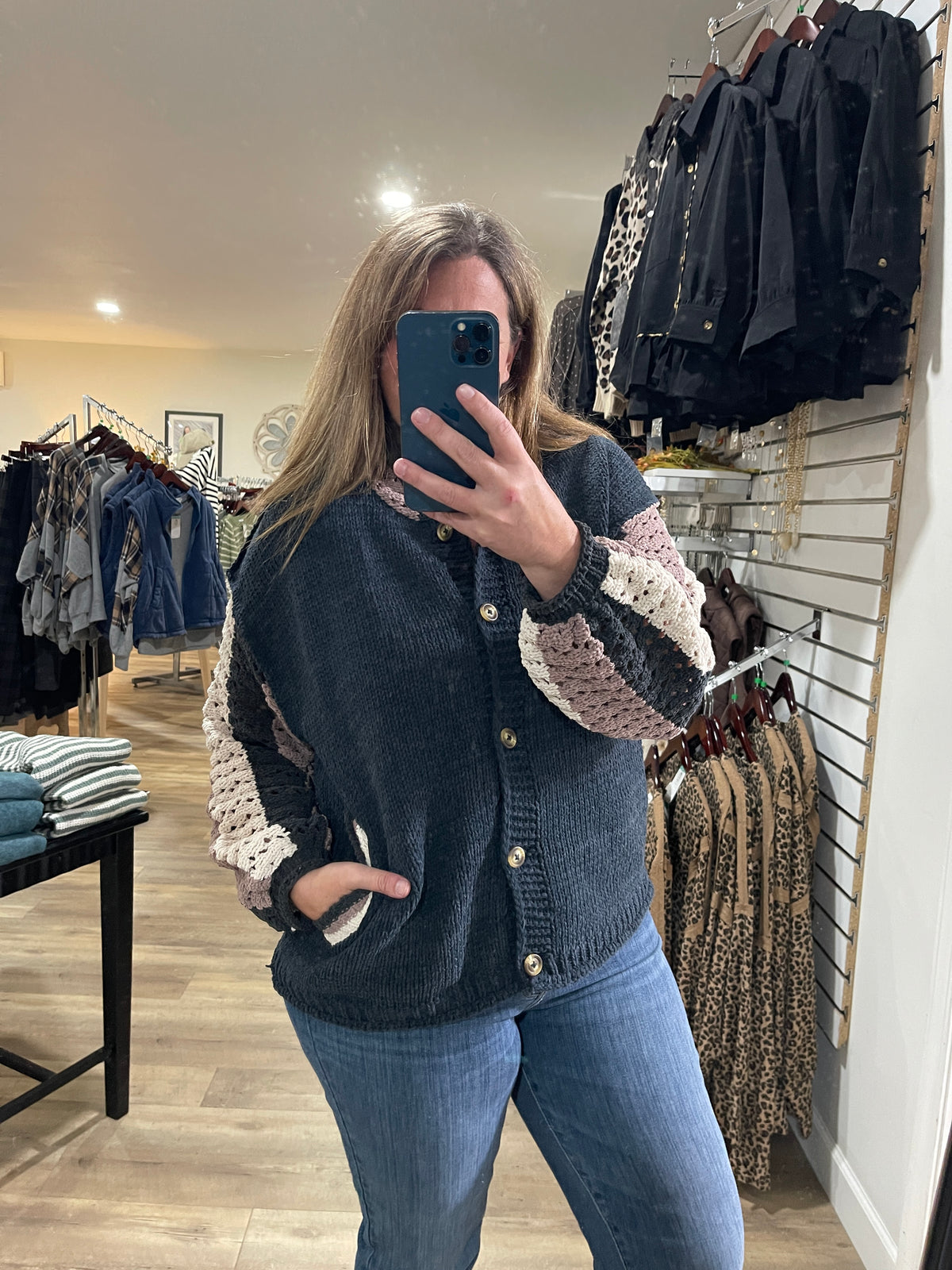 NAVY BUTTON KNIT SWEATER W/ OPEN KNIT COLORBLOCK SLEEVES