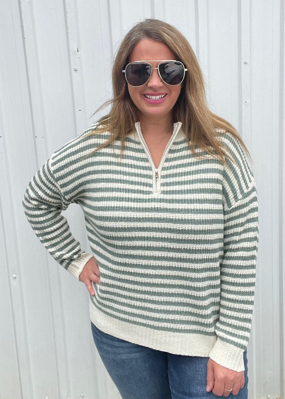Dark Sage Half Zip Mock Neck Striped Pullover Sweater