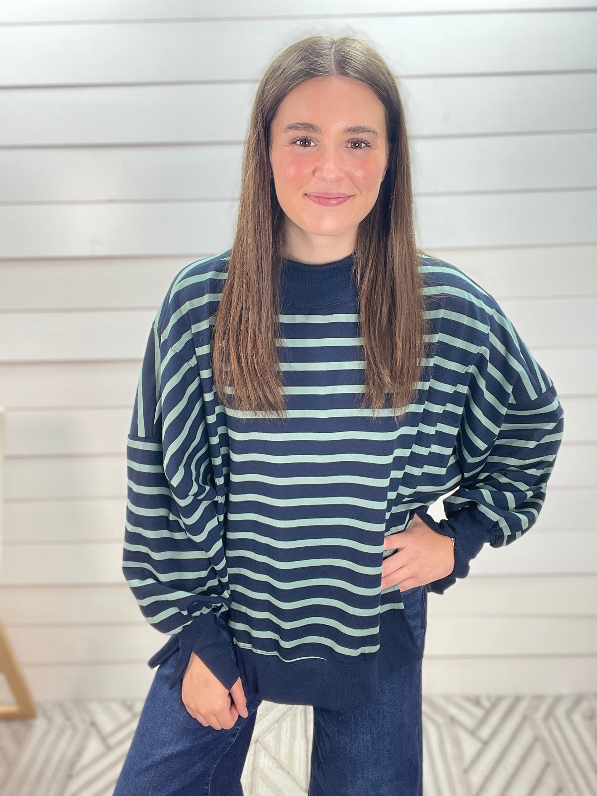 NAVY/SAGE STRIPED OVERSIZED MOCK NECK TOP
