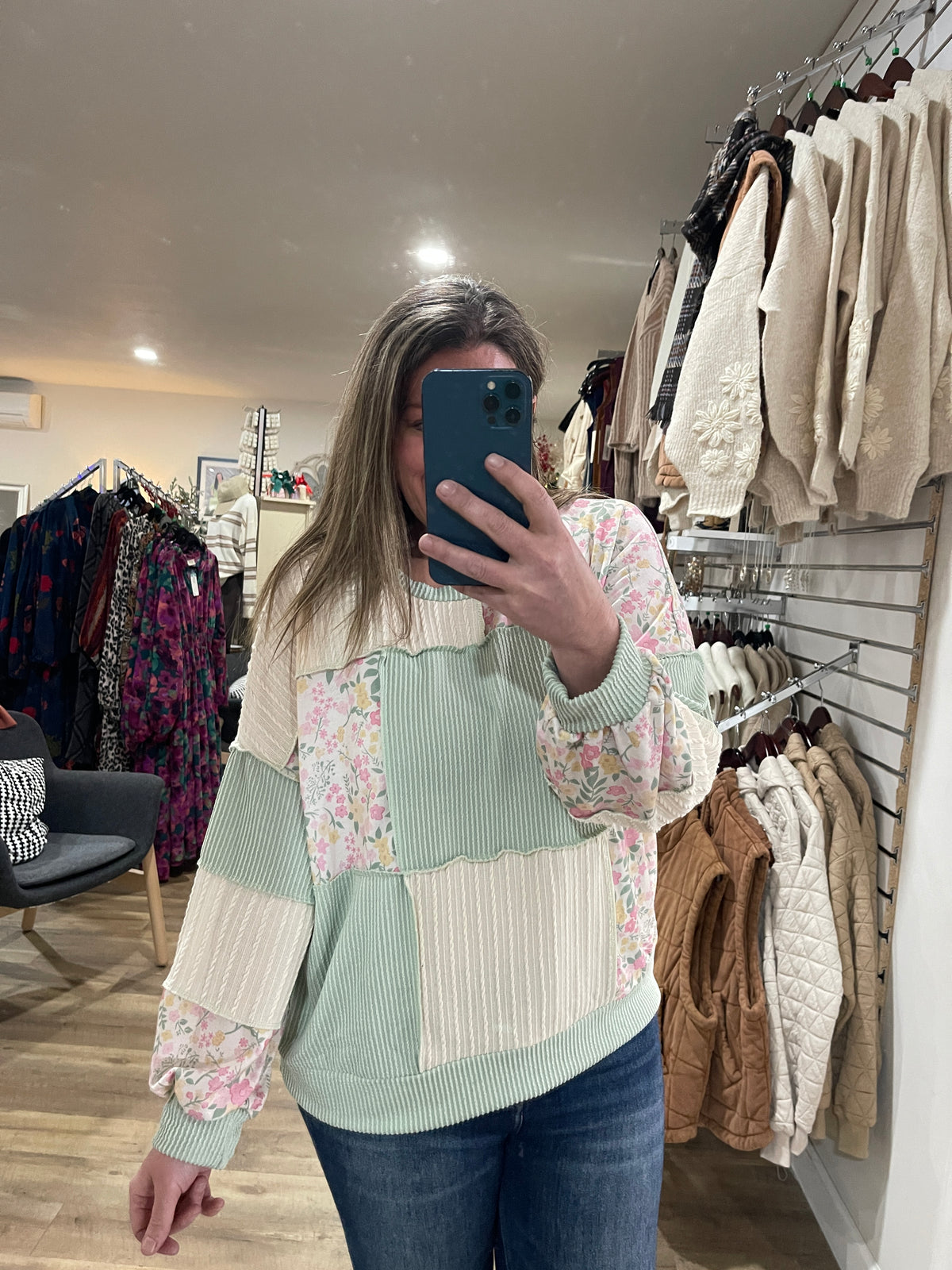 MINT FLORAL PATCHWORK LONG SLEEVE KNIT TOP
