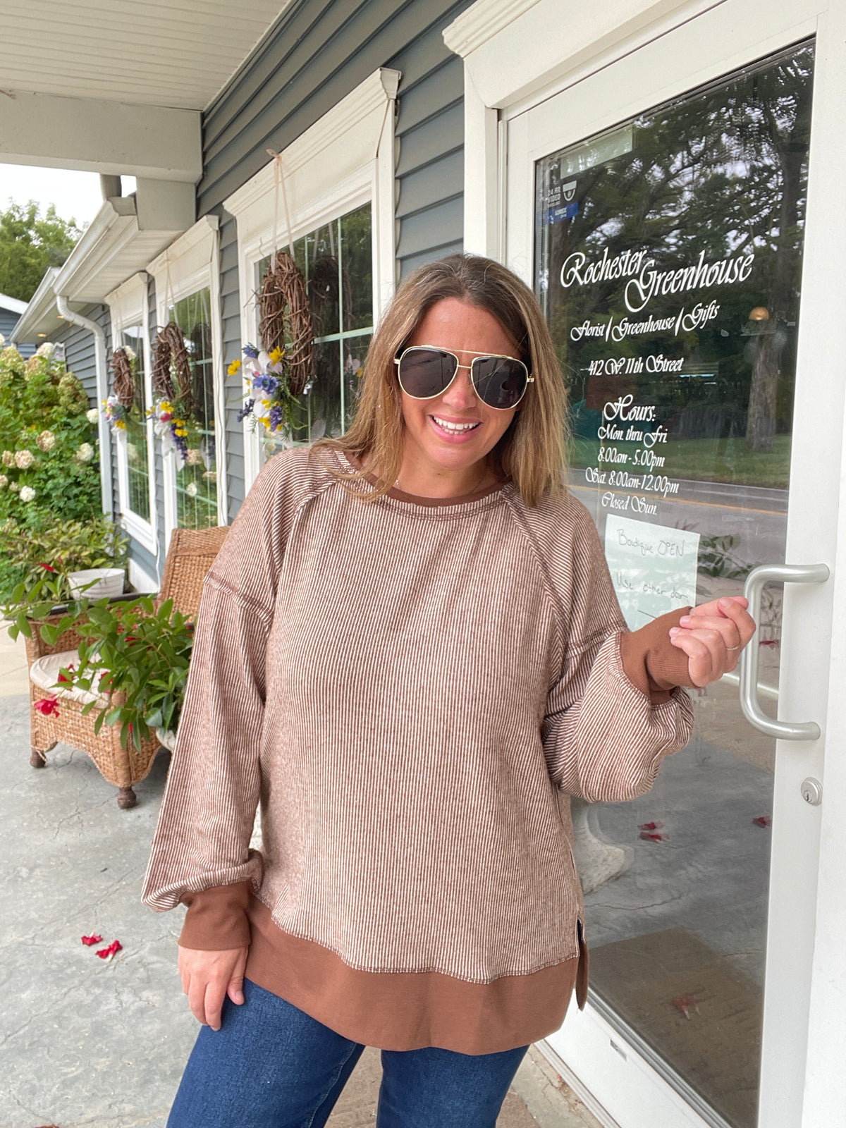 Chocolate pin striped knit top w/ side slit