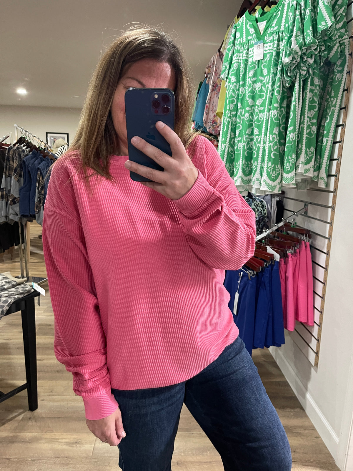 FLAMINGO PINK Heavyweight Corduroy Pullover Crewneck With Thumbholes