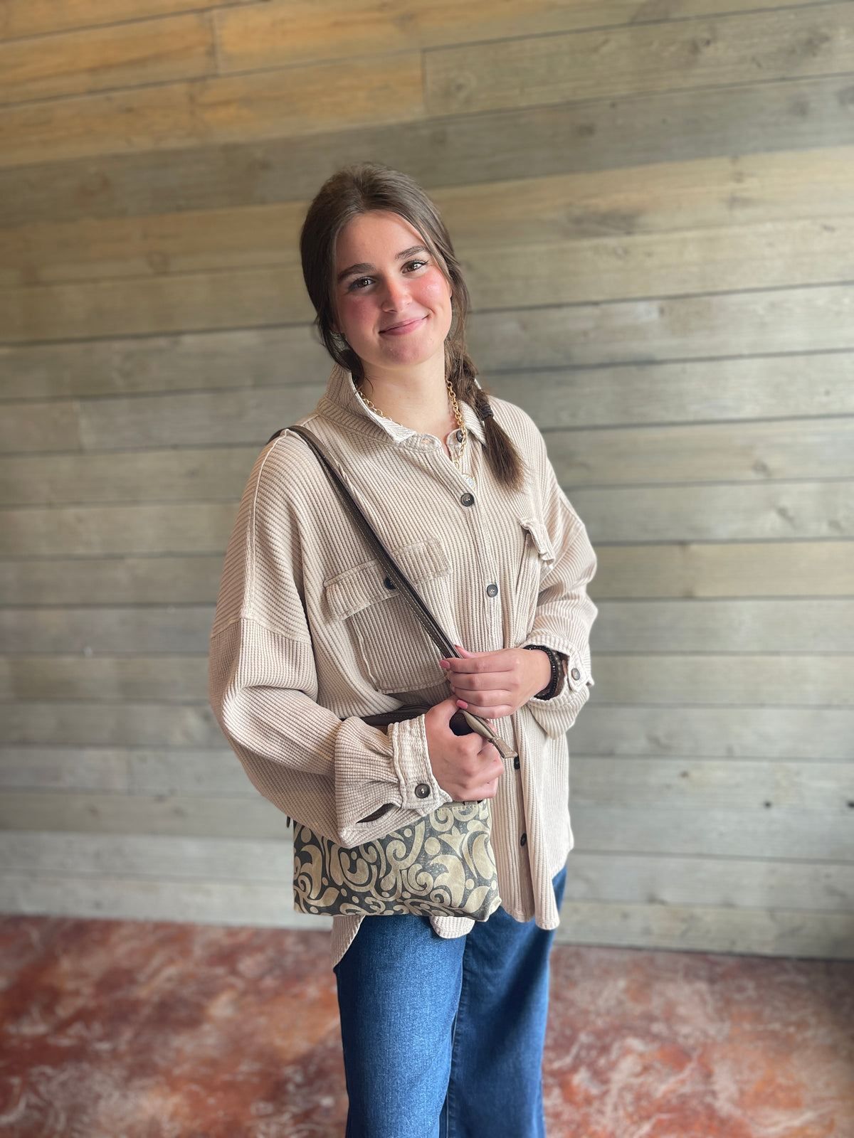 Taupe Mineral Wash Oversized Waffle Knit Button Down Top