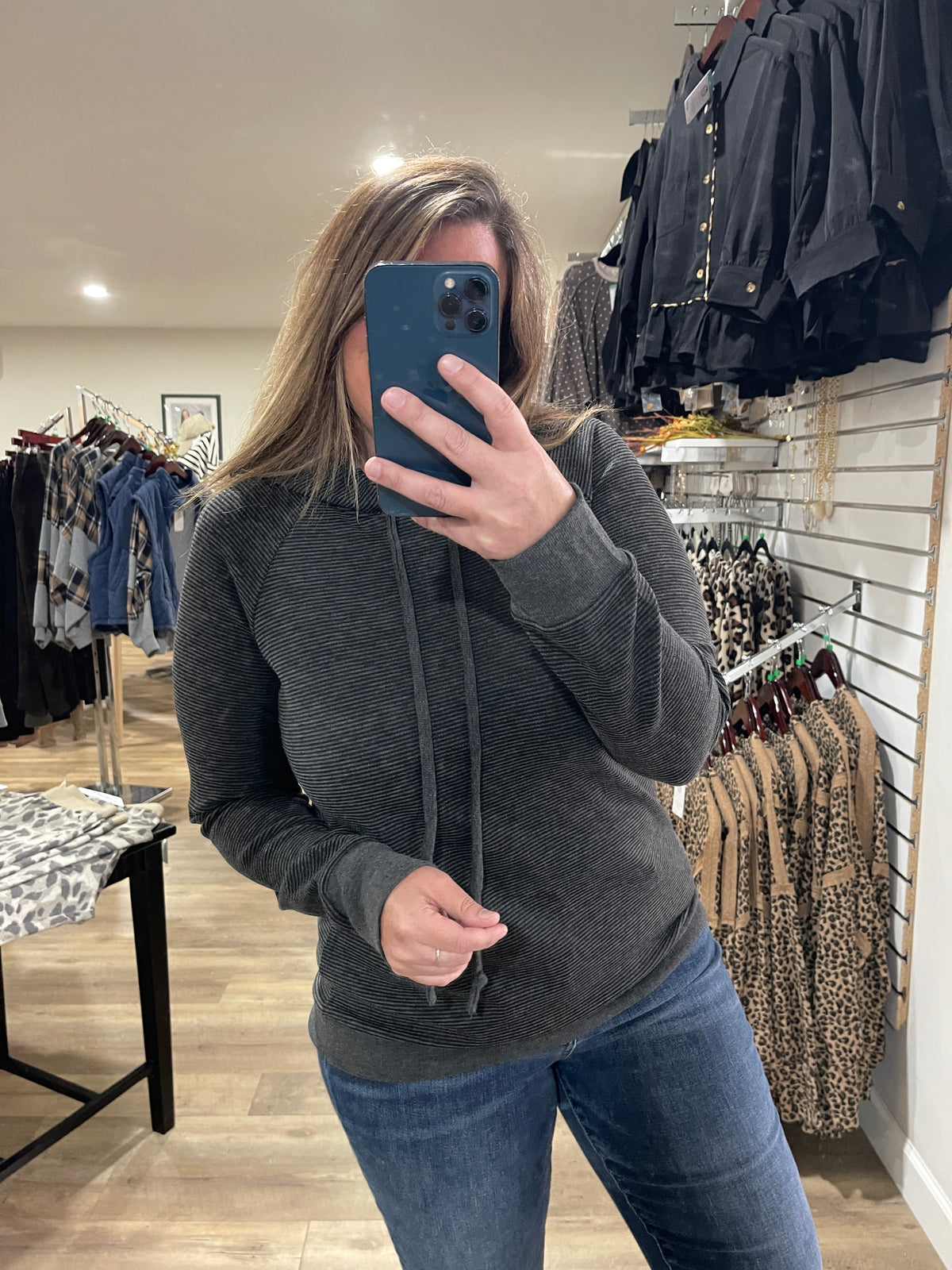 BLACK Long Sleeve Drawstring Pinstriped Hoodie Top