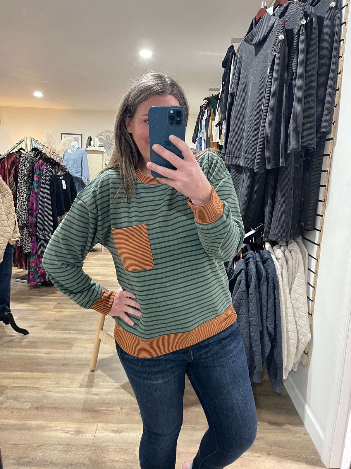 OLIVE/RUST STRIPED BUTTER FABRIC KNIT TOP
