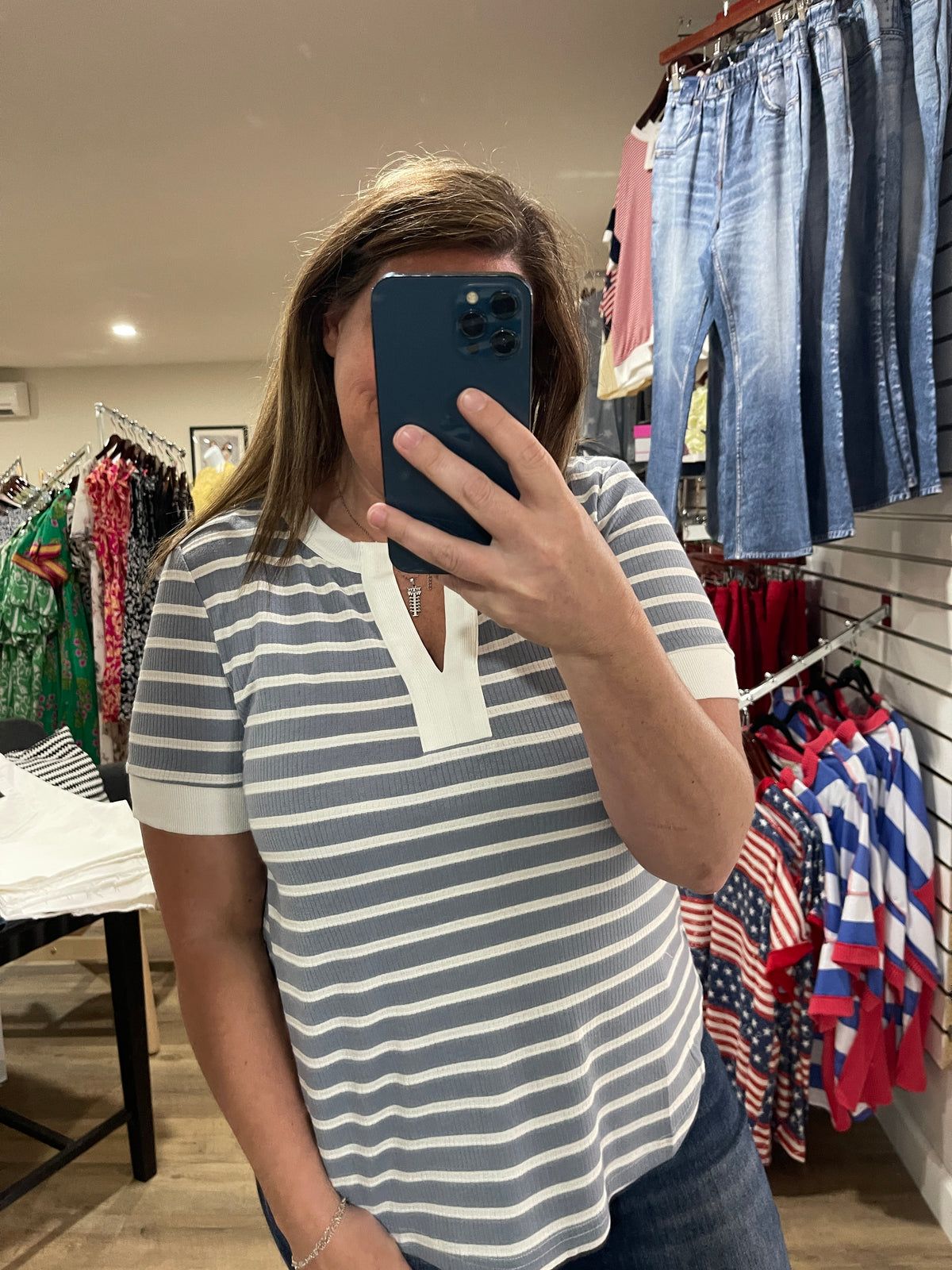 STEEL BLUE STRIPED V NECK KNIT TOP