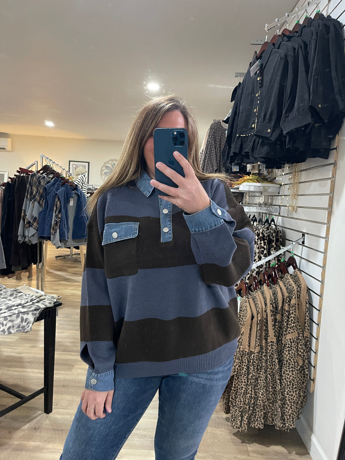 BROWN/SLATE BLUE STRIPED KNIT SWEATER W/ DENIM TRIM