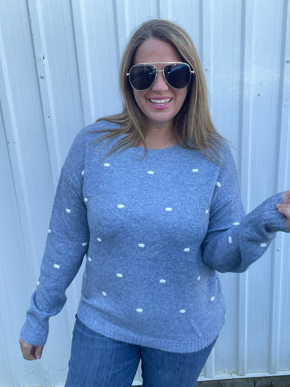 BLUE Textured Dot Detail, Wide Crew Neck, Pullover Sweater