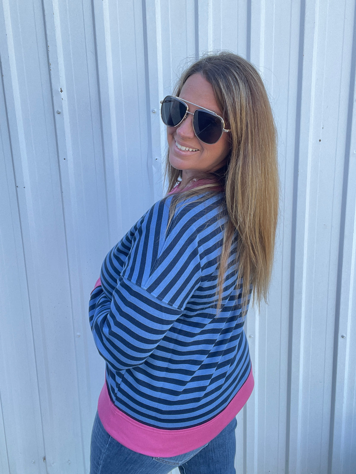 Navy/Fuschia Color Trim Banded, Long Sleeve, French Terry Pinstriped Top