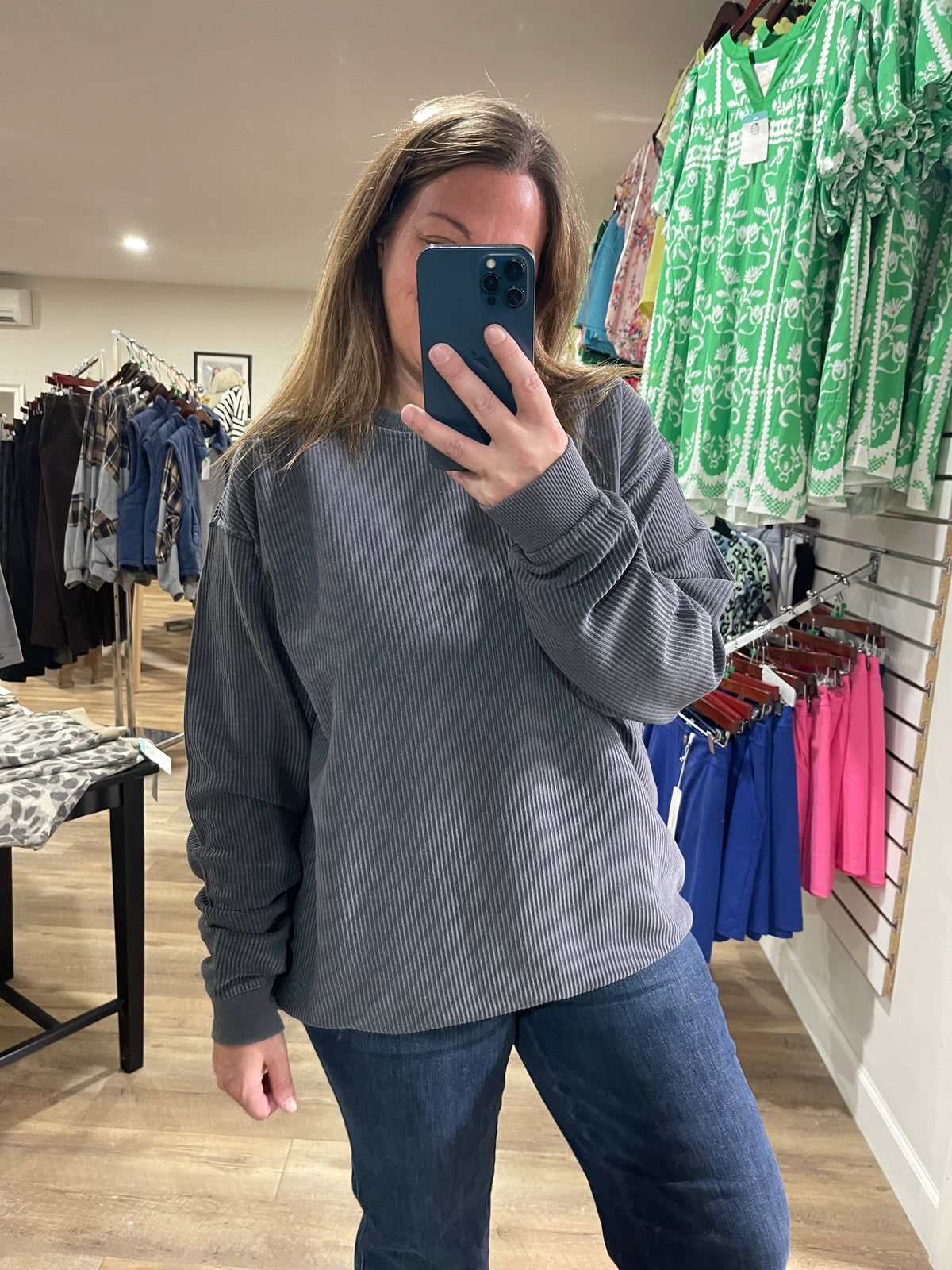 Charcoal Heavyweight Corduroy Pullover Crewneck With Thumbholes