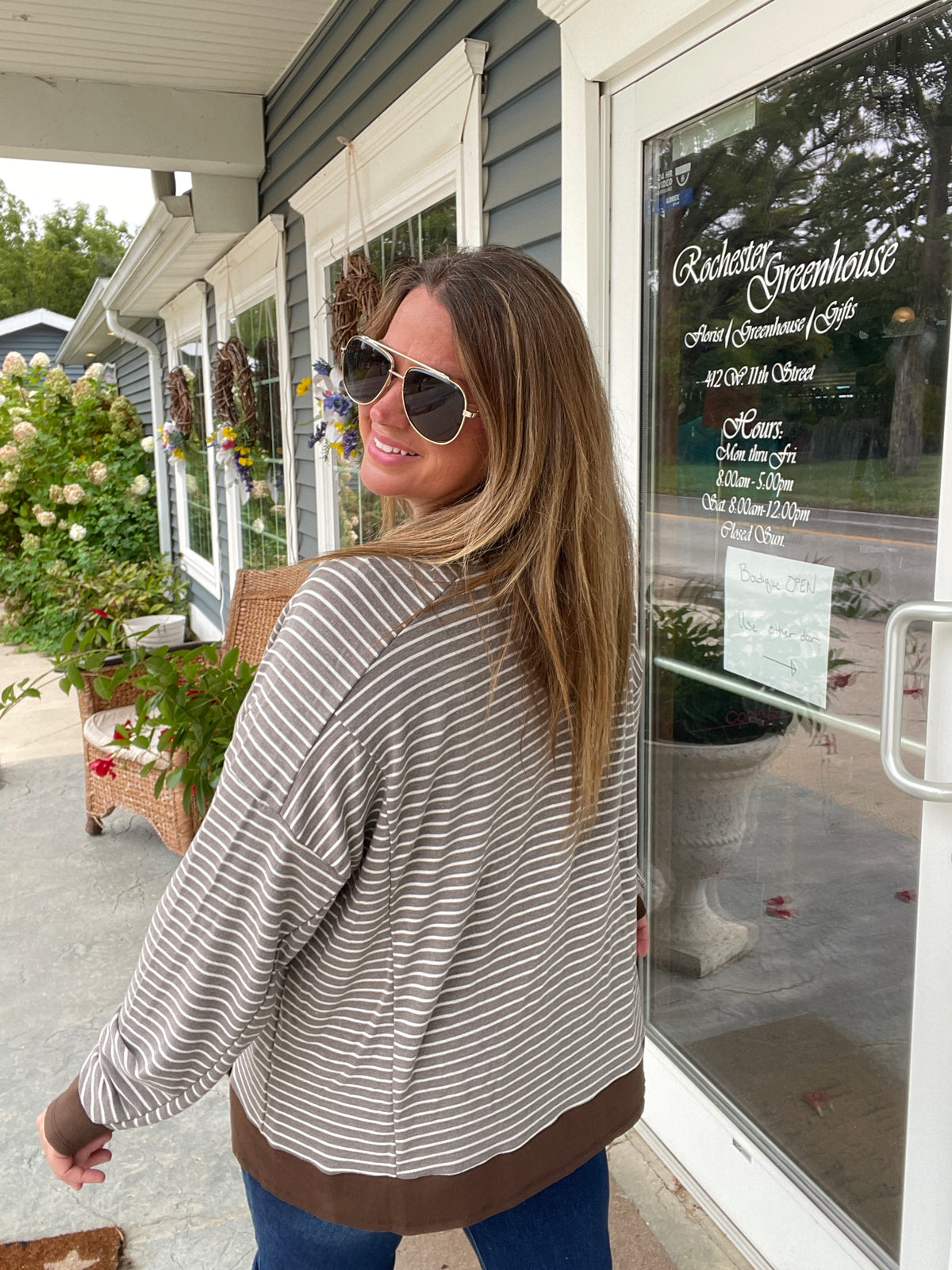 BROWN Drop Shoulder Long Sleeve Loose Fit Yarn Dye Stripe Knit Top With Ribbed trim