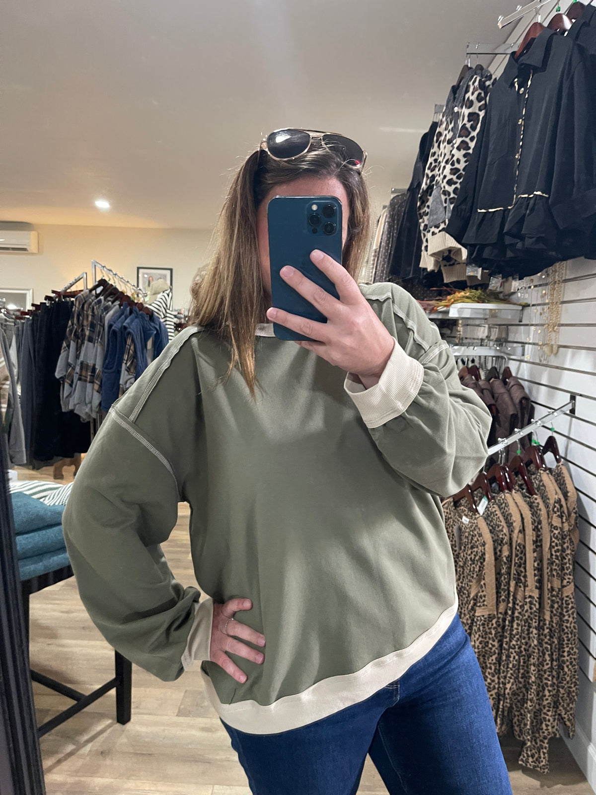 Olive Exposed Seam Contrast Trim Knit Top