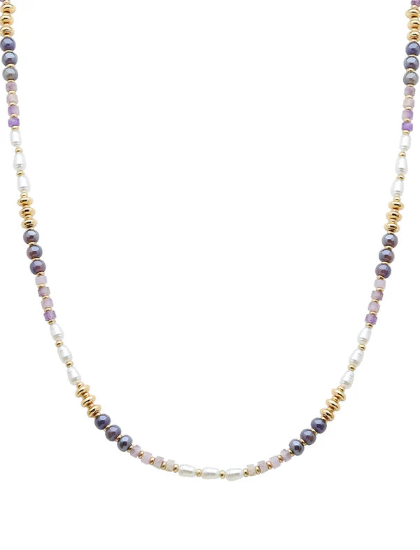 Deep Lavender, Pearl, and Gold Beaded "Candy" Beaded 16"-18" Necklace