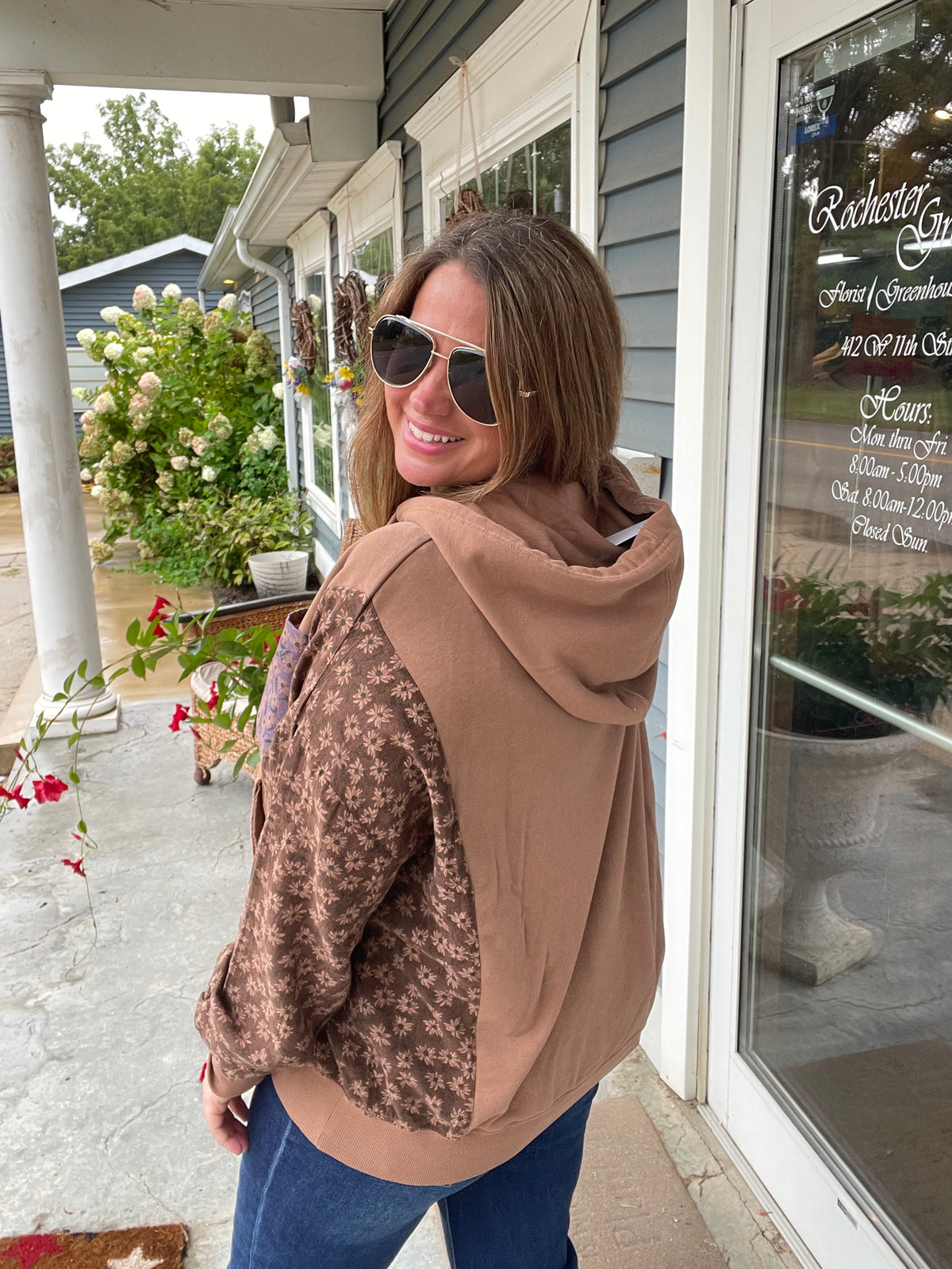 Mocha Floral Colorblock Oversized French Terry Hoodie
