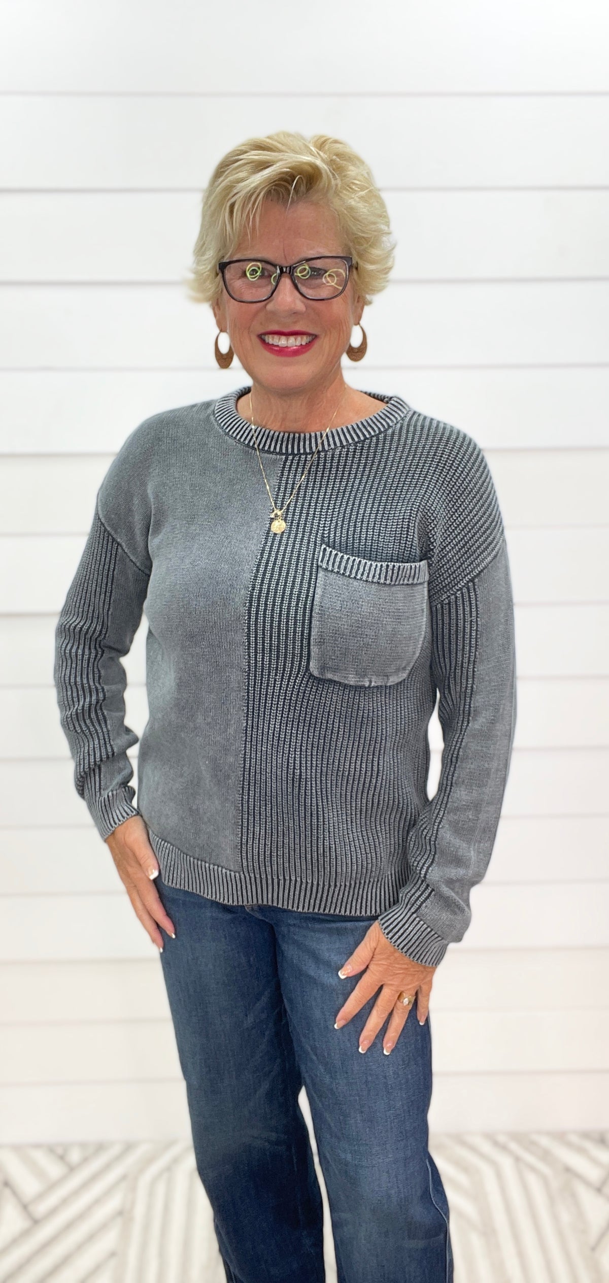 GUN METAL MINERAL WASHED TEXTURED SWEATER WITH CHEST POCKET