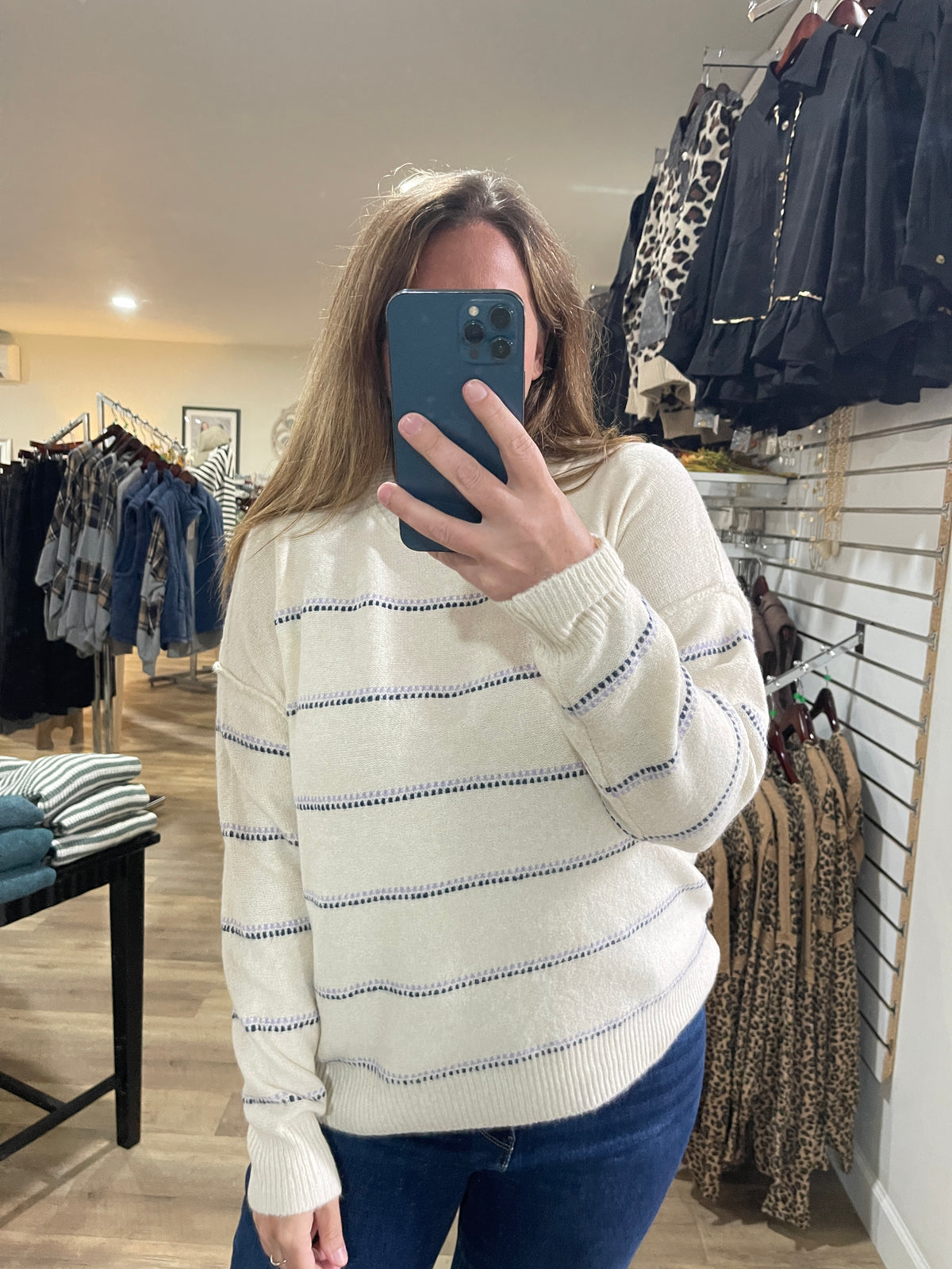 OATMEAL/LAVENDER Texture Multi Striped, Crew Neck, Long Sleeve knit sweater