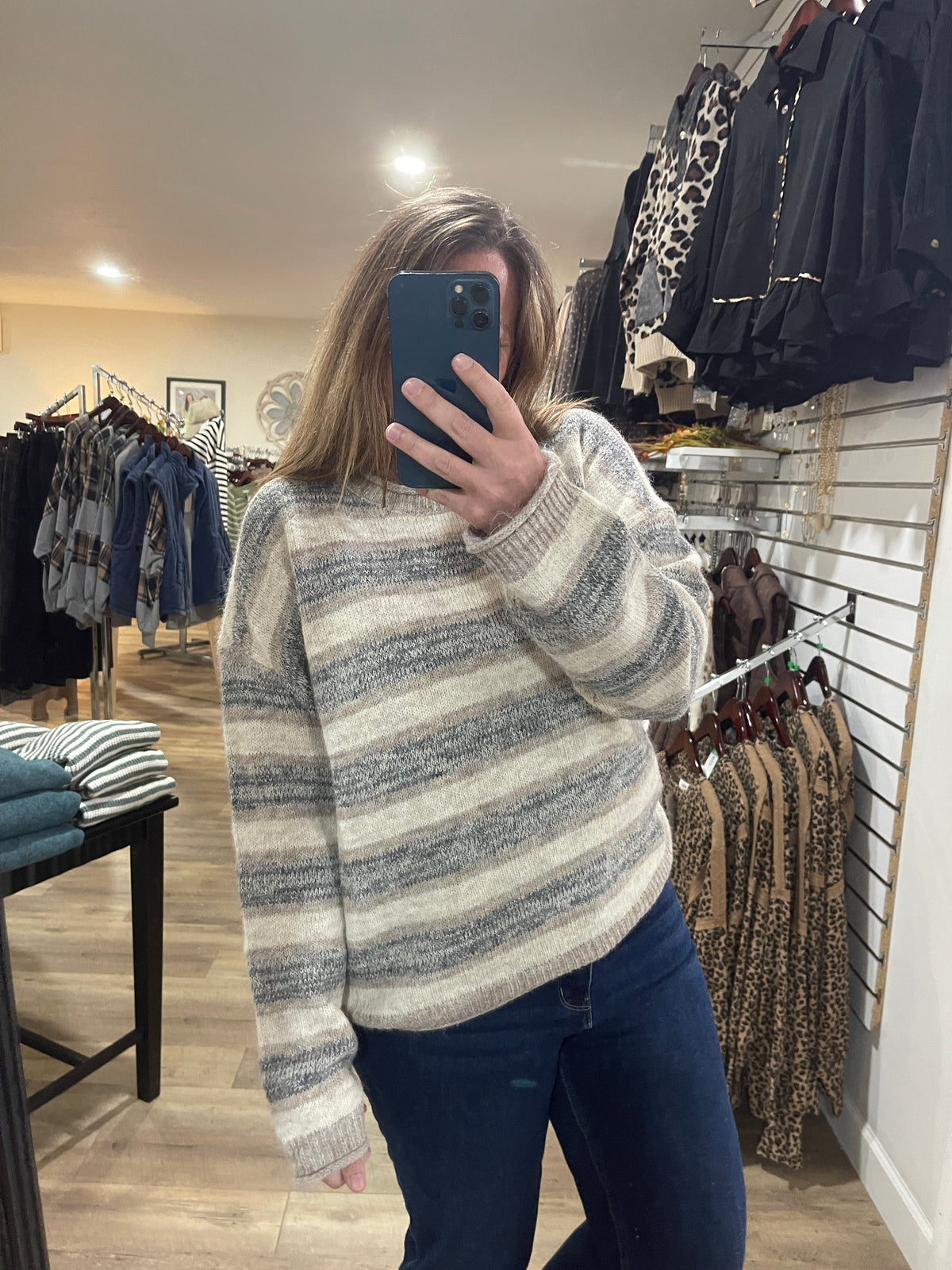 Light Mocha Heathered Multi-Stripe Raw Edge Knit Sweater