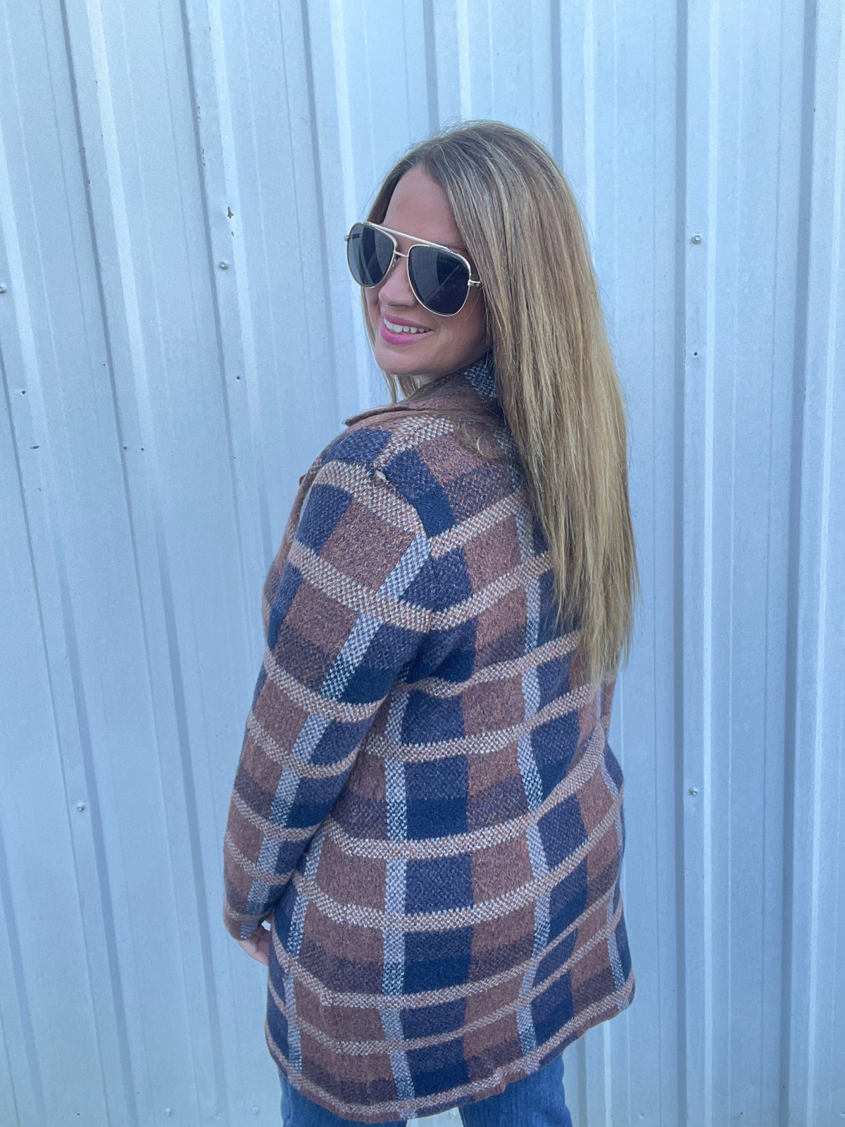 COPPER/ NAVY Check Jacquarded, Tailored Collar CARDIGAN