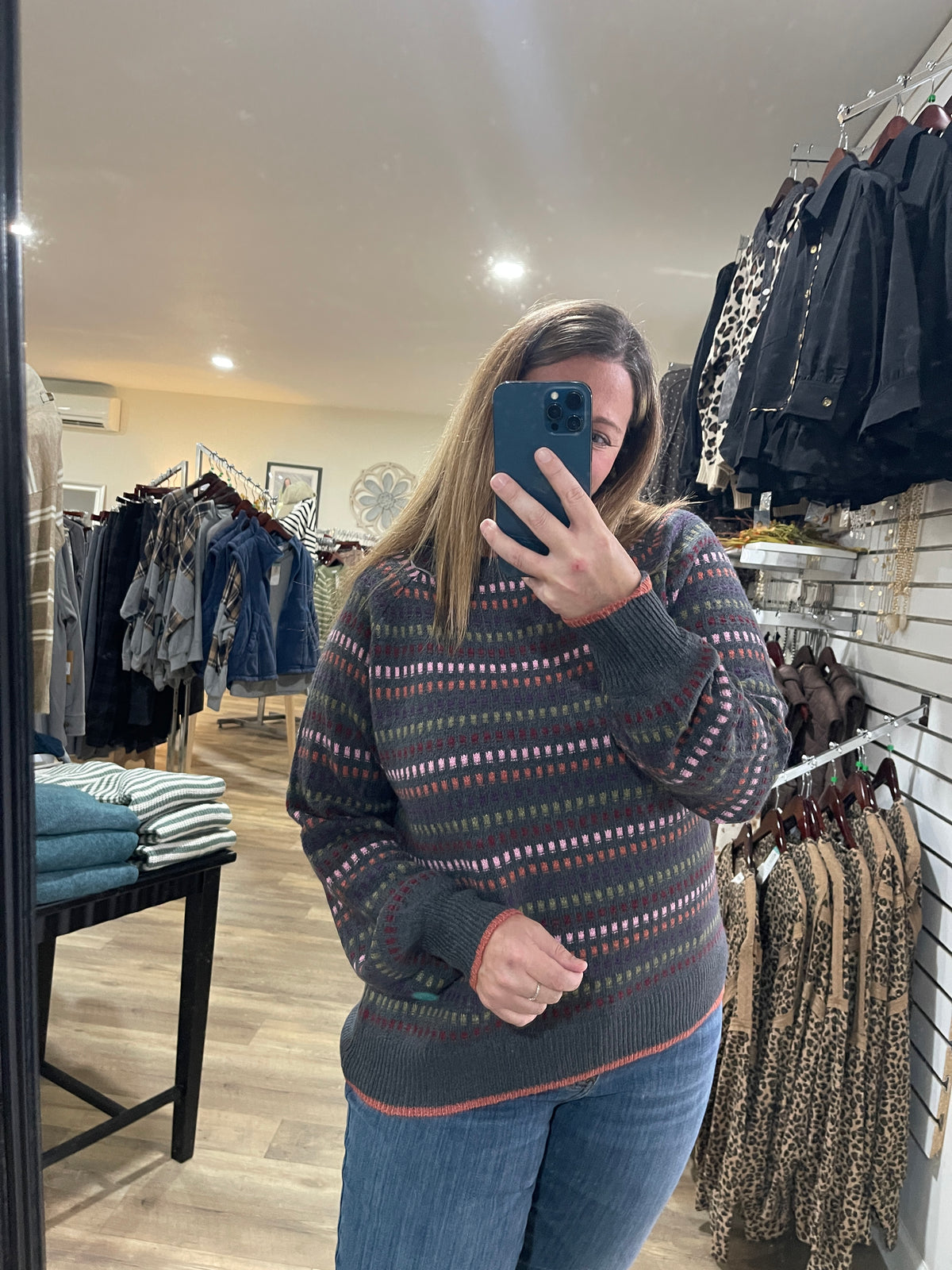 GUN METAL Multi Color Texture Striped Crew Neck Long Balloon Sweater