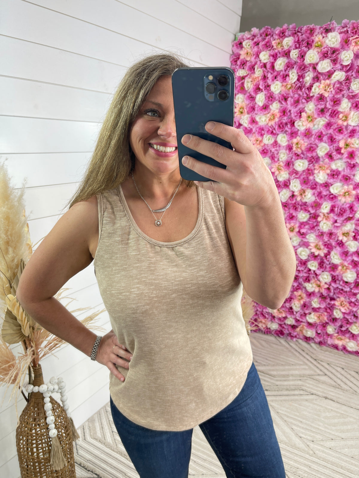 TAUPE RIBBED CREW NECK TANK