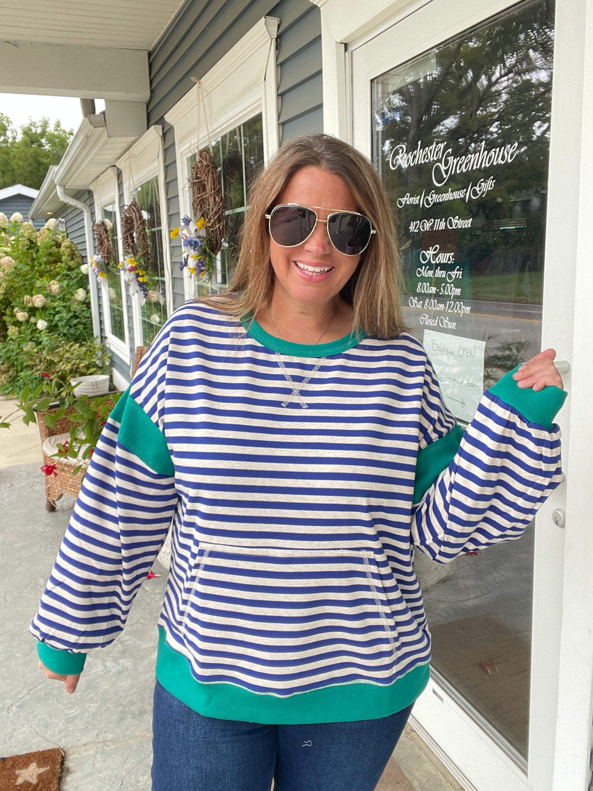 ROYAL BLUE/TEAL STRIPED FRENCH TERRY TOP W/ KANGAROO POCKET