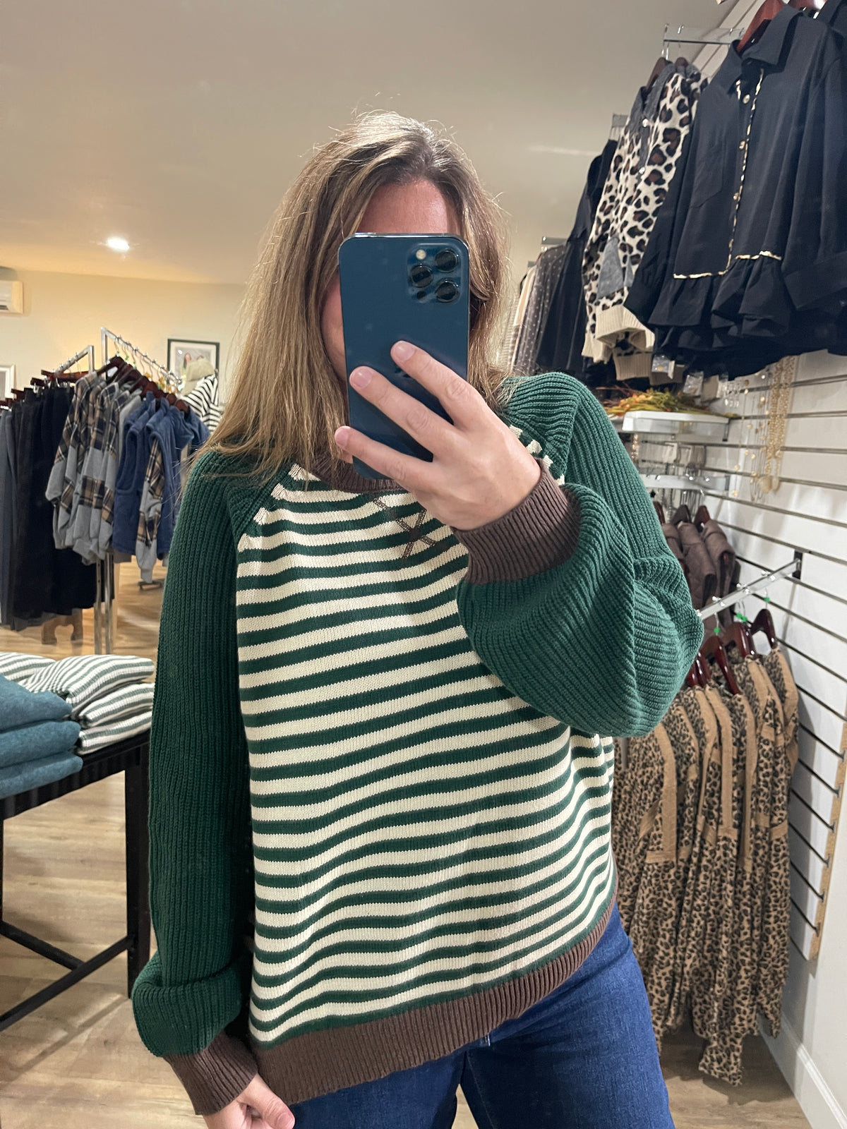 HUNTER GREEN Striped Colorblock Raglan Long Sleeve Crew Sweater