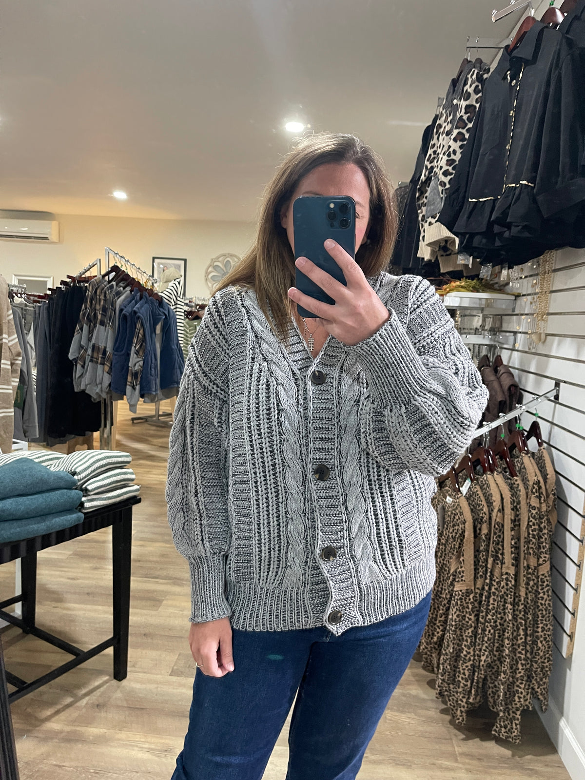 GREY V Neck Button Down Oversized Loose Fit Long Sleeve Two Tone Cable Chunky Sweater