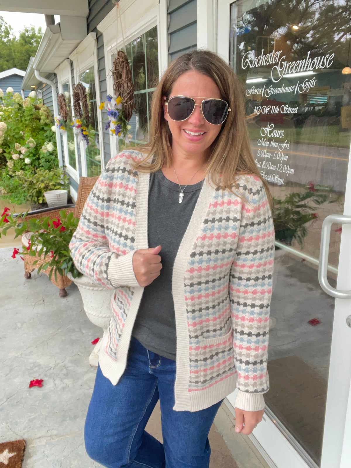 PINK/TAUPE Multi Color Texture, Open Front Sweater Cardigan