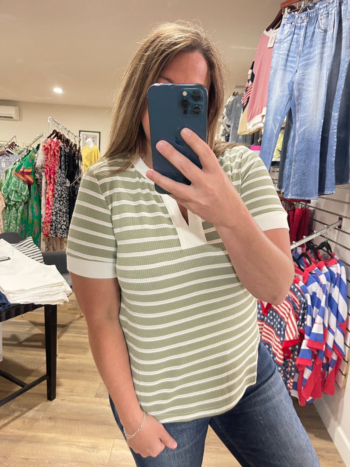 SAGE STRIPED V NECK KNIT TOP