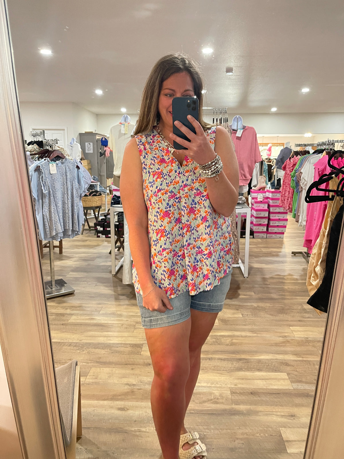 PINK/ORANGE SLEEVELESS FLORAL WOVEN TOP- FINAL SALE