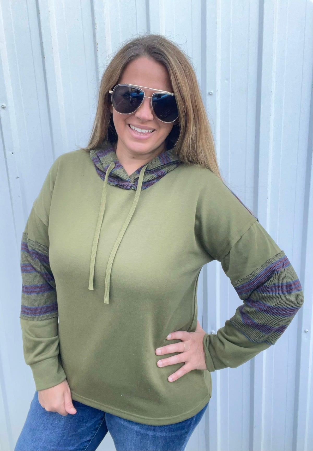 OLIVE Raw Edge Detail, Drawstring Hood, French Terry PULLOVER