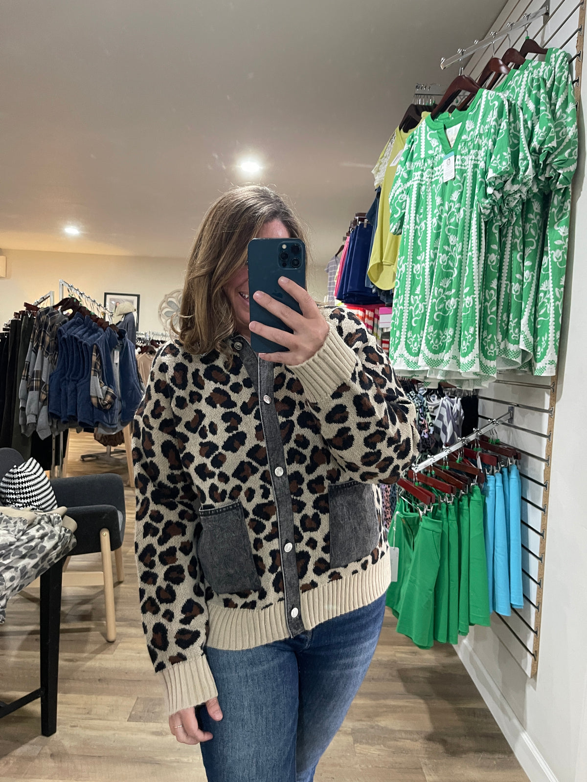 TAUPE/CHARCOAL LEOPARD PRINT BUTTON DOWN SWEATER W/ DENIM TRIM