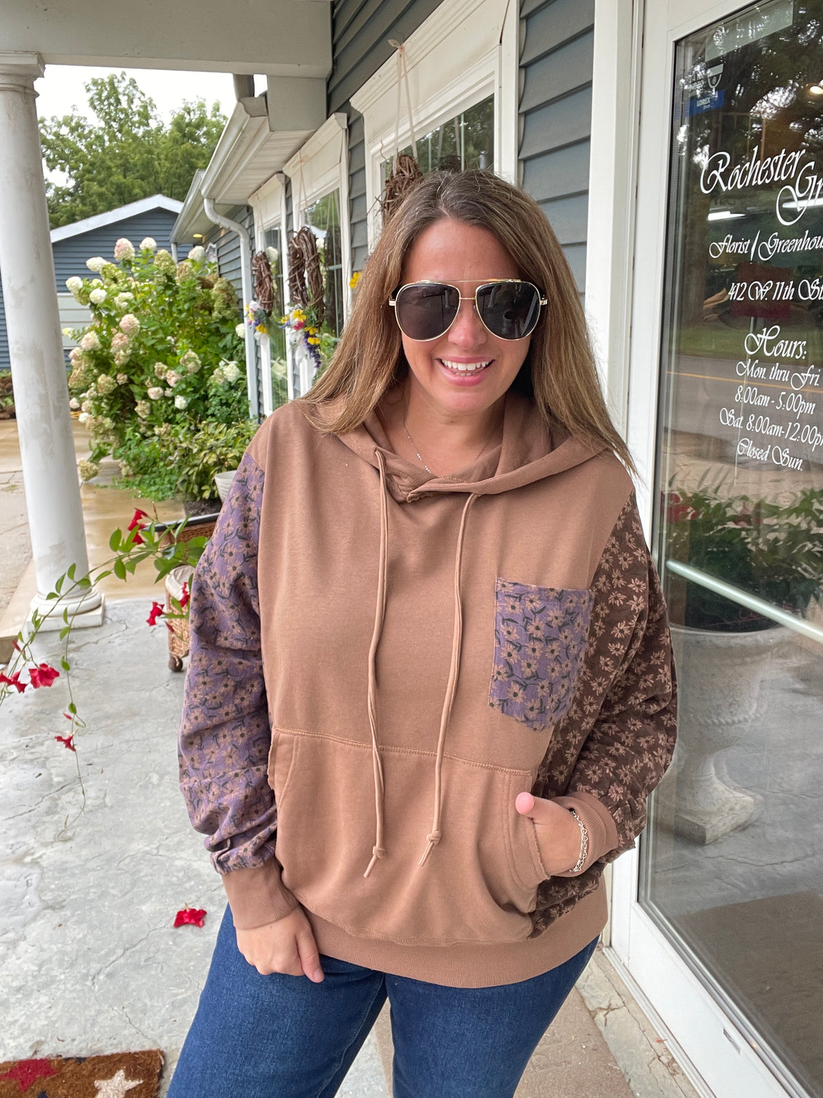 Mocha Floral Colorblock Oversized French Terry Hoodie