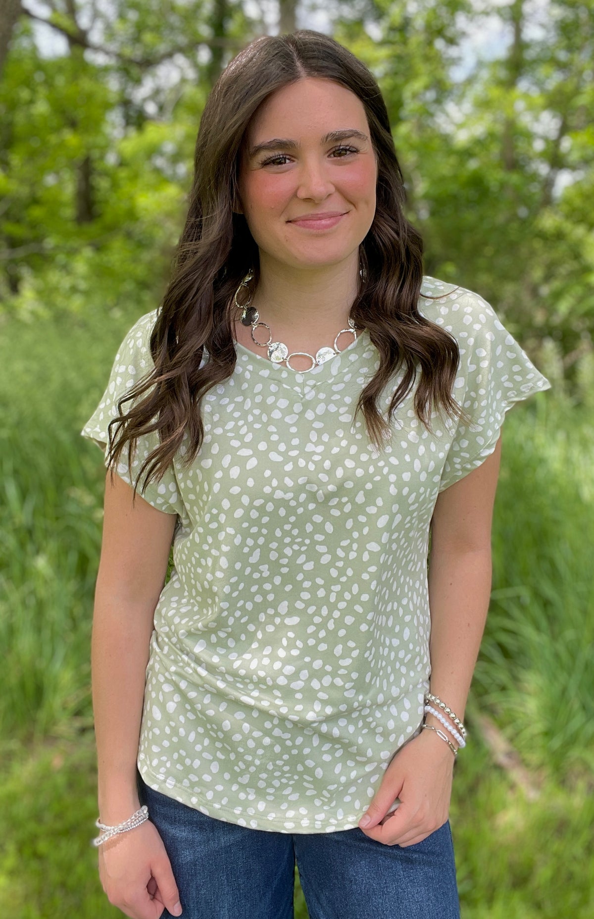 SAGE DOT PRINT BUTTER KNIT TOP