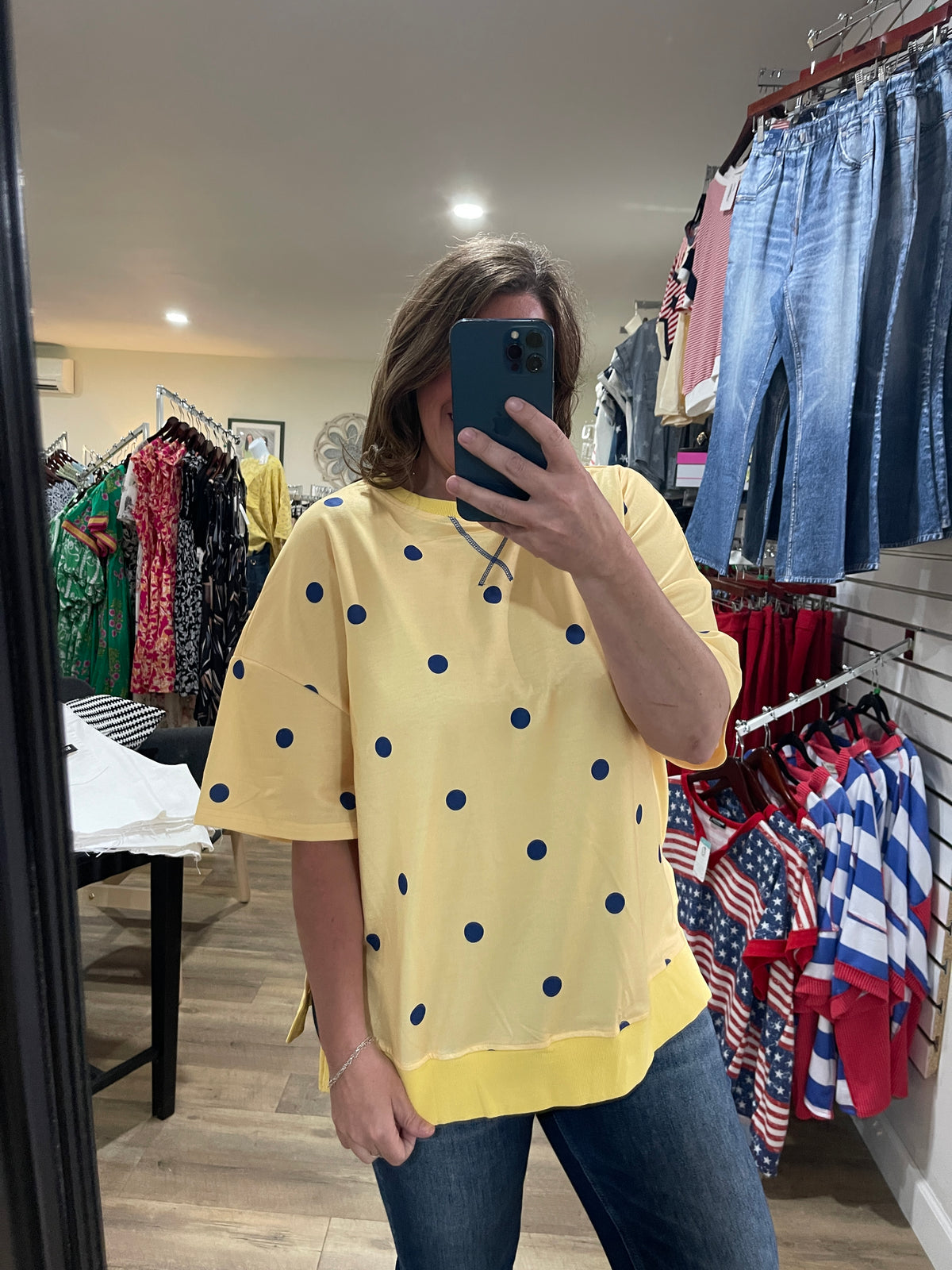 YELLOW/BLUE POLKADOT FRENCH TERRY SIDE SLID TOP
