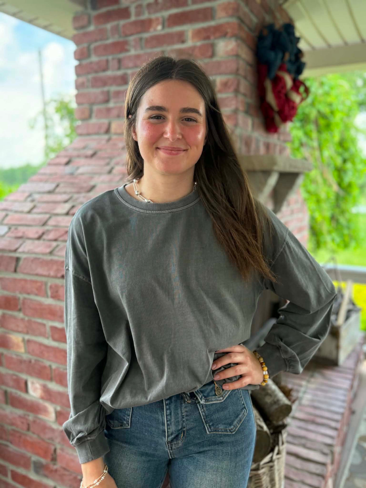 CHARCOAL MINERAL WASH LONG SLEEVE KNIT TOP