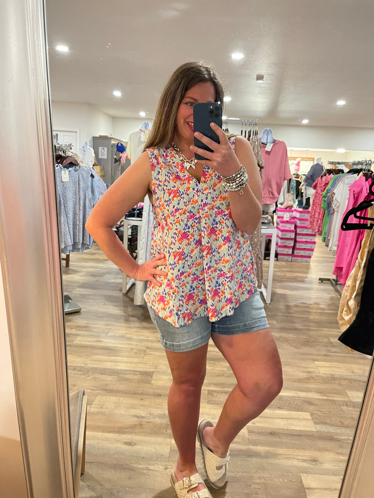 PINK/ORANGE SLEEVELESS FLORAL WOVEN TOP- FINAL SALE