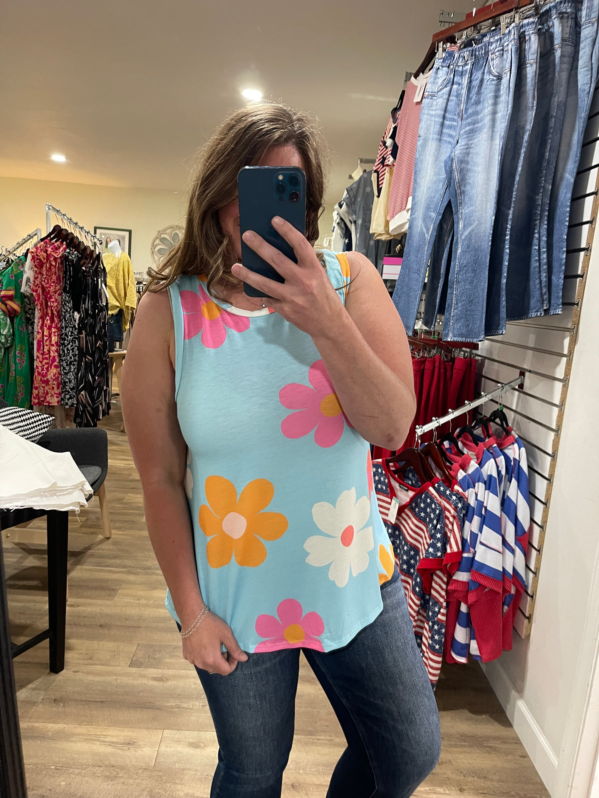 BLUE RETRO FLORAL TANK TOP