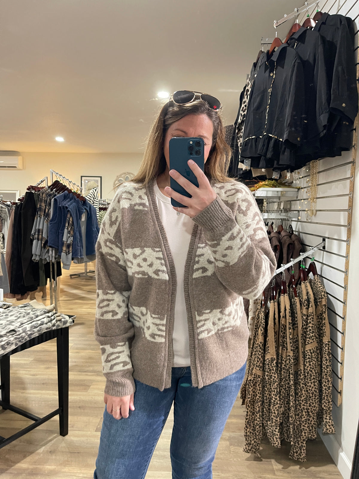 LT MOCHA Leopard Stripe Color Blocked, Open Front SWEATER CARDIGAN