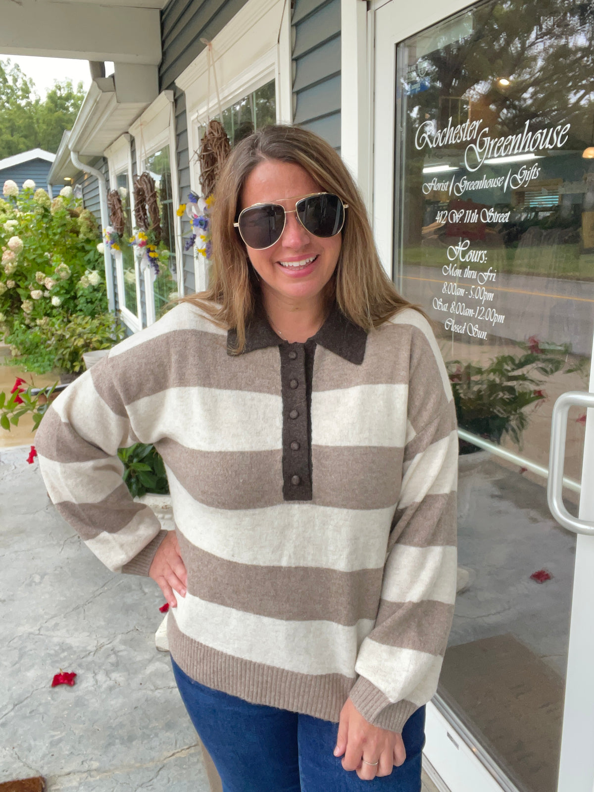 MOCHA/CREAM Heathered Stripe Polo Collar Long Sleeve Sweater