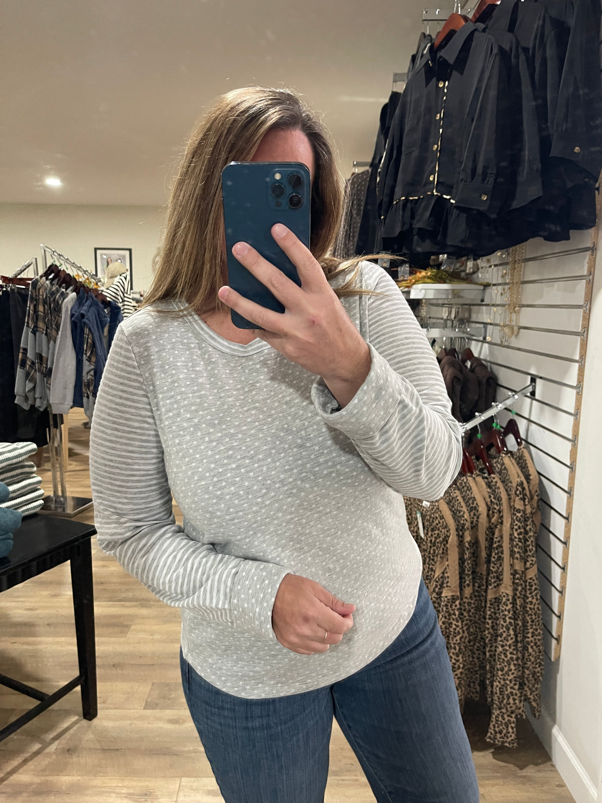 HEATHER GREY Crew NECK, Long Sleeve Polka Dot And Stripe Mixed Knit Top
