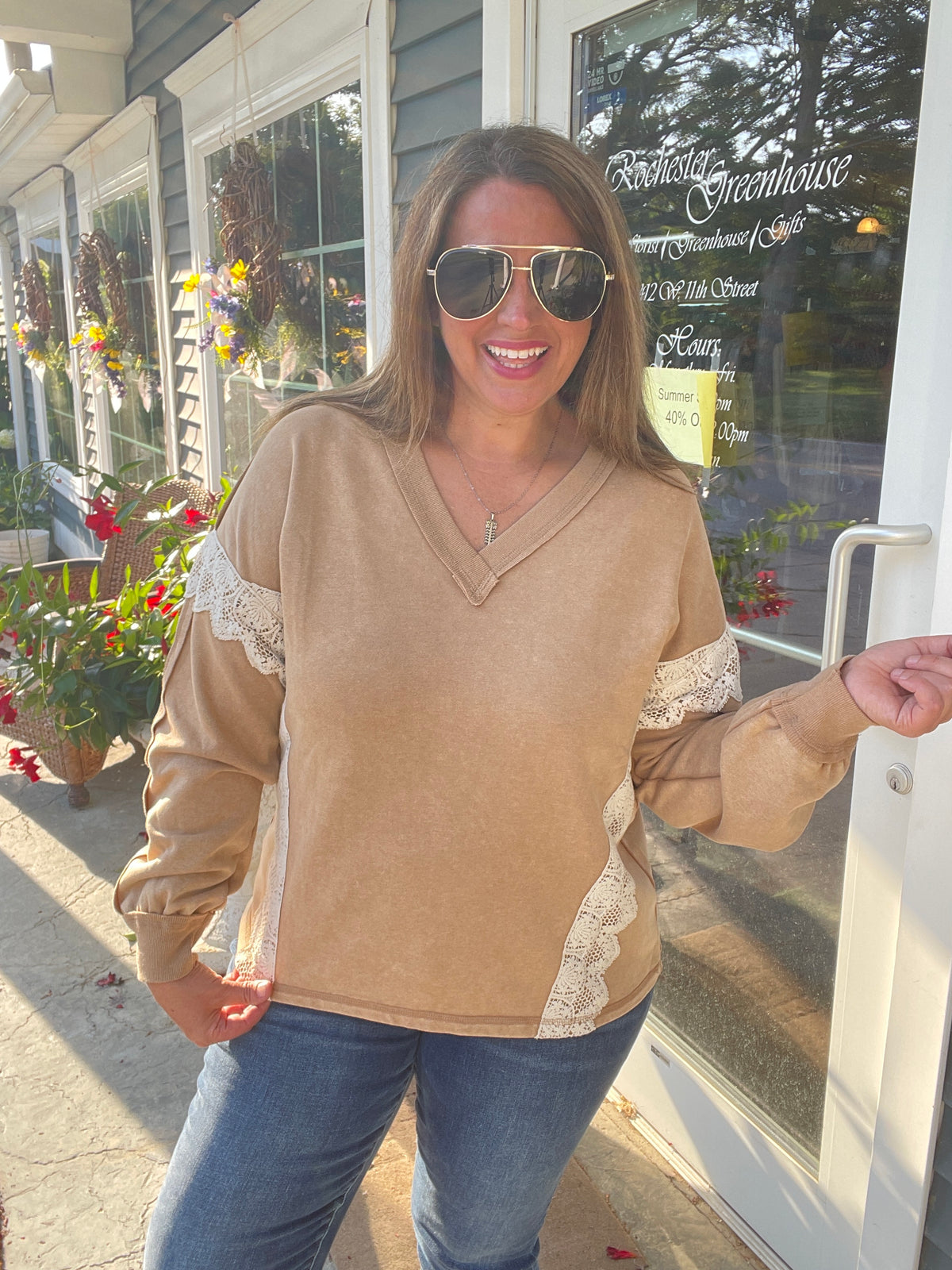 CAMEL FRENCH TERRY OVERSIZED V NECK LACE PULLOVER