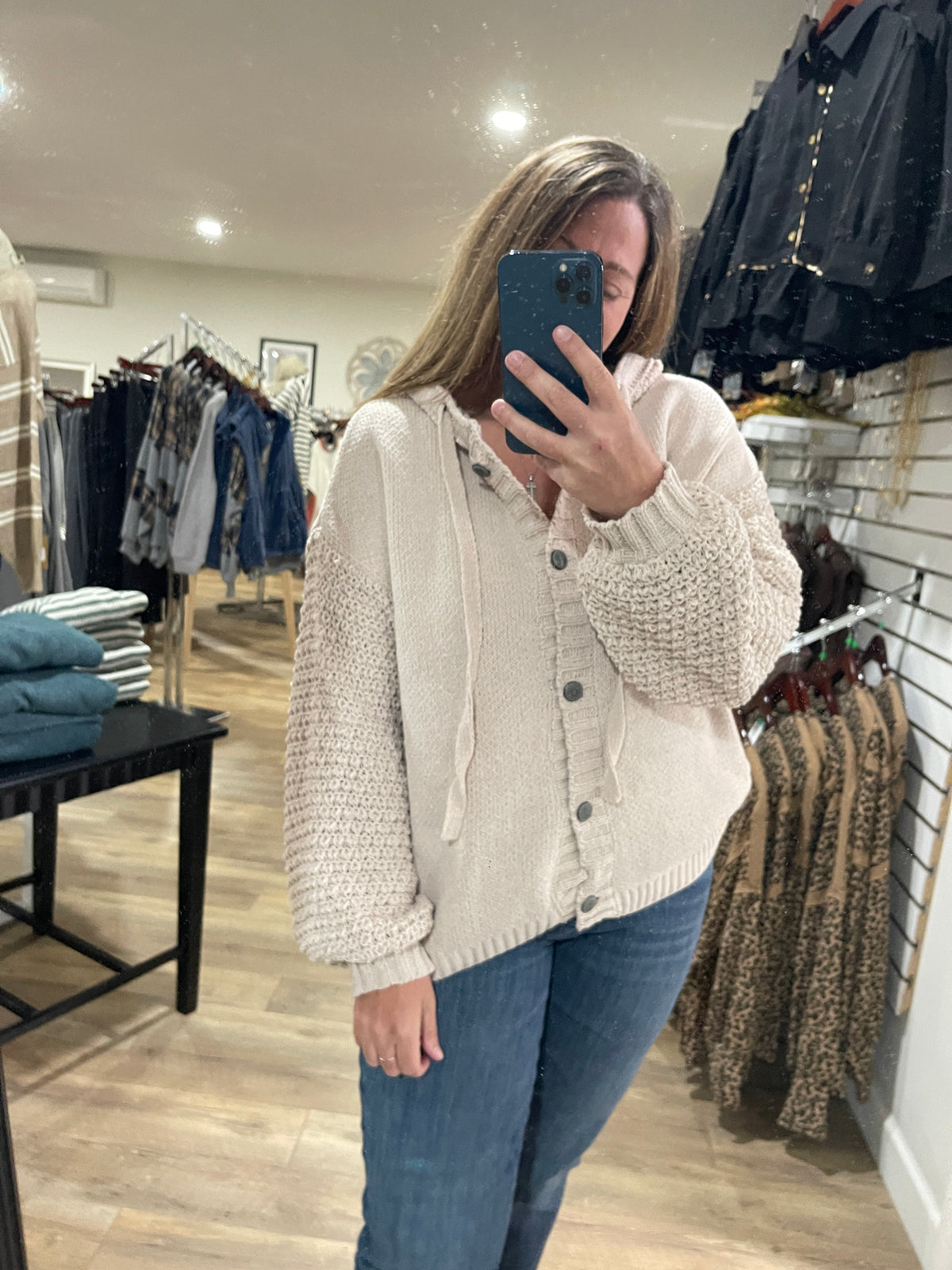 BEIGE BUTTON DOWN HOODED OVERSIZED SWEATER WITH KNITED SLEEVES